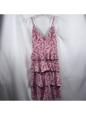 Fanco Pink Floral Tiered Ruffle Midi Dress large